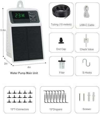 Solar Automatic Drip Irrigation System, 15 Pot Self Watering System with 2200mAh, IPX5 Waterproof, USB-C & Solar Charging, Timer Modes for Indoor/Outdoor Garden, Balcony & Patio