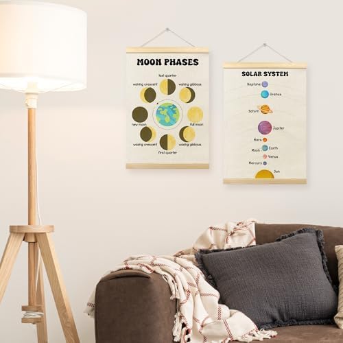 TLESKE Classroom Moon Phases Solar System Space Poster Hanger Frame Set of 2, Homeschool Hanging Wall Art Room Decor for Toddlers Kid Nursery Playroom, Preschool Prek Learning Educational Print, 12x16