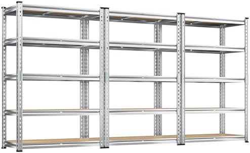 REIBII Garage Shelving, 5 Tier Storage Shelves Load 2400LBS, Adjustable Garage Shelving Heavy Duty, Metal Shelving Unit with Waterproof Columns, 35.5" W x 11.9" D x 72" H, Galvanized, 3 Pack
