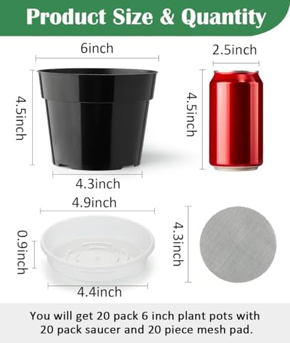 RooTrimmer 20 Pack Plant Pots, 6 Inch Plastic Plant Planter with Saucers and Mesh Mats, Durable Flower Pots with Drainage Holes Perfect for Indoor Outdoor, Black