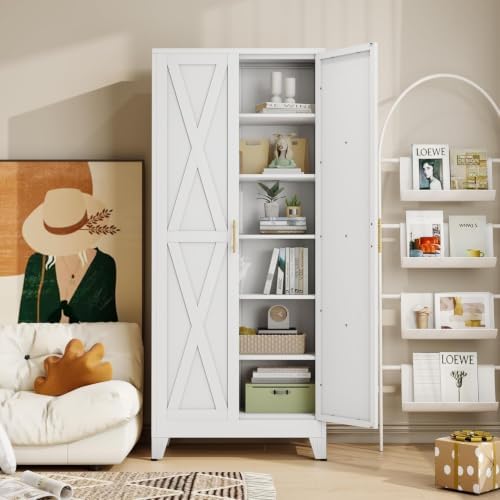 75" Metal Kitchen Pantry Storage Cabinet with 2 Doors and 5 Adjustable Shelves,White Farmhouse Pantry Cabinet,Steel Garage Tool Cabinet Freestanding Cupboard for Kitchen,Dinning Living Room