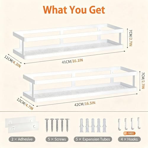 PUSDON 2-Pack 16.5" Extra Long Slim Shower Caddy, Adhesive Wall Mount Bathroom Organizer, Rustproof Open Frame Mesh Spice Rack for Kitchen, Holds 50LBS - White, Guardrail
