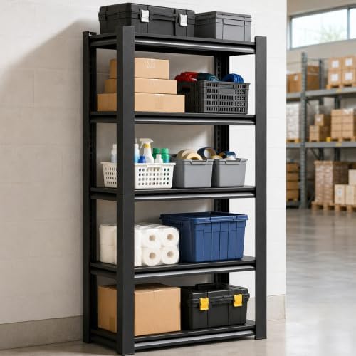 SAWJEC 5-Tier Metal Shelving, 62" H x 28" W x 12" D Black Storage Shelves