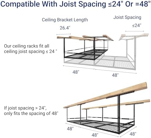 FLEXIMOUNTS 4x8 Overhead Garage Storage Rack with Safety Rails, Hammertone