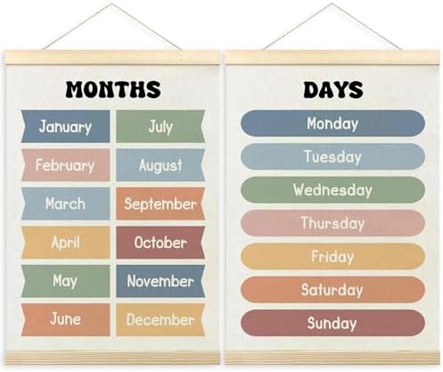 TLESKE Months of the Year Days of the Week Chart Poster Hanger Frame for Toddler Kid Classroom Set of 2, Homeschool Hanging Wall Art for Nursery Playroom, Preschool Learning Educational Poster, 12x16