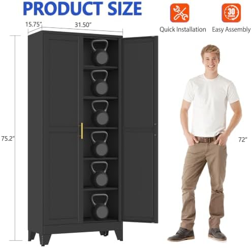 GAIOUS 75''Tall Metal Garage Storage Cabinet,File Cabinet with Door and Adjustable Shelves, Outdoor Steel Tool Cabinet for Home,Office,Warehouse,Garage,Black