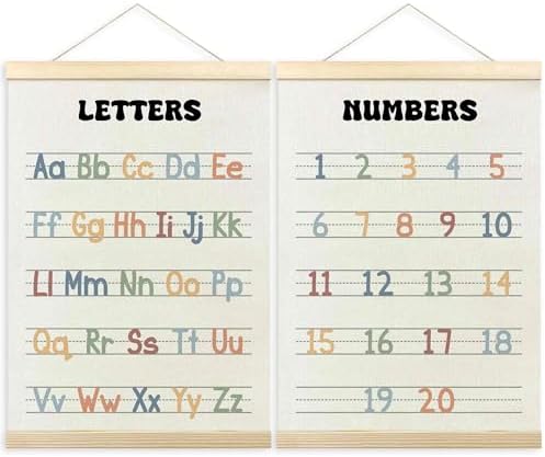 TLESKE Alphabet ABC Numbers Chart Poster Hanger Frame for Toddler Kid Classroom Set of 2, Homeschool Hanging Wall Art Decor for Nursery Playroom, Preschool Prek Learning Educational Poster, 12x16