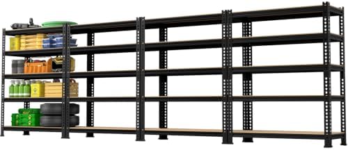 5-Tier Metal Storage Shelves: Heavy Duty Garage Shelving Adjustable Shelves for Storage - Black Utility Rack Shelf for Pantry, Warehouse, Office, Kitchen, 28" W x 12" D x 59" H, 4PCS