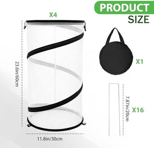 Hoypeyfiy 4 Pcs Pop Up Insect & Bird Barrier Plant Cover Net, 24"x12" Round Foldable Mesh Protector, Garden Cage Guard with Stakes & Carry Bag, Keep Animals & Birds Out for Vegetables and Flowers