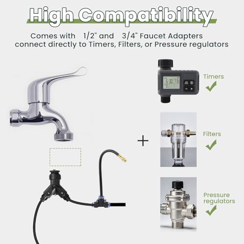 100Ft Drip Irrigation System,1/4" 360°Bendable Fast-Lock Tubing with24pcs Adjustable Misting Copper Nozzles, Automatic Leak-Resistant Watering Spray Kit for Garden,Compatible with 3/4" & 1/2" Hose