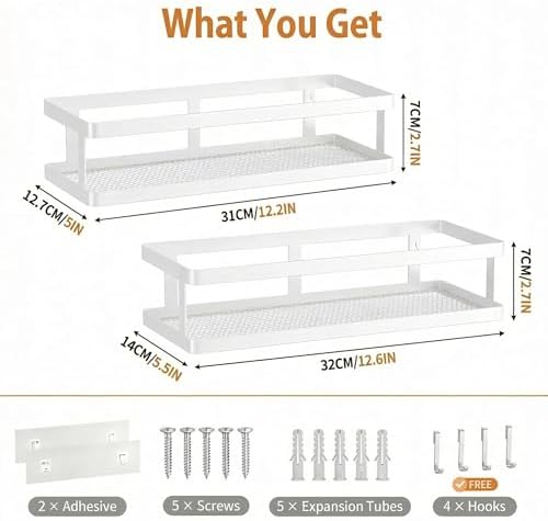 PUSDON 2-Pack Minimalist Shower Caddy Wall Mount, Open Frame Bathroom Shelf Organizer with Mesh Base, Rustproof Floating Spice Rack for Kitchen, Holds 50 LBS, 4 Hooks - White, Guardrail