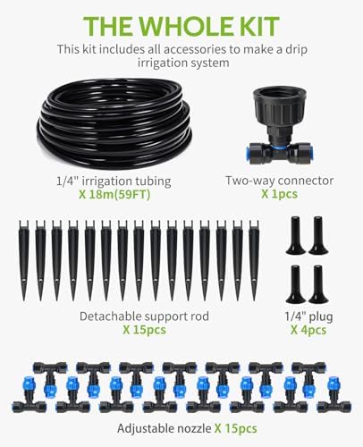 HIRALIY 59FT Drip Irrigation Kit, Quick-Connect Garden Watering System