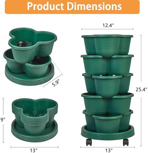 VECELO 5 Tier Vertical Garden Planter, Self Watering Stackable Planters with Wheels for Strawberries, Herbs, Flowers, Vegetables, Dark Green
