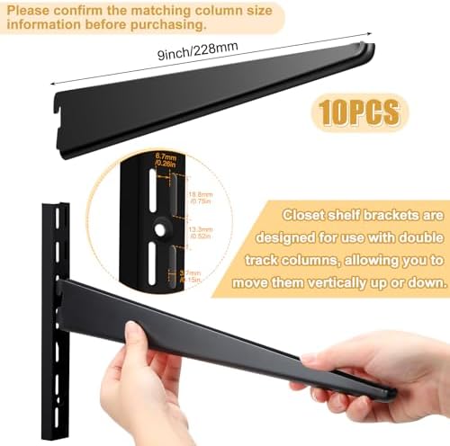 Yalikop 10 Pack Adjustable Shelf Brackets for Double Track System Closet Organization Heavy Duty Wire Shelf Brackets (Black,9 Inches)