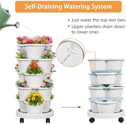 VECELO 5 Tier Vertical Garden Planter, Self Watering Stackable Planters with Wheels for Strawberries, Herbs, Flowers, Vegetables, Gray