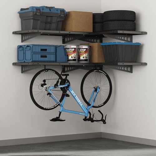 FLEXIMOUNTS 2 Pack 2x4ft Corner Wall Shelving with 4 Hooks, Black