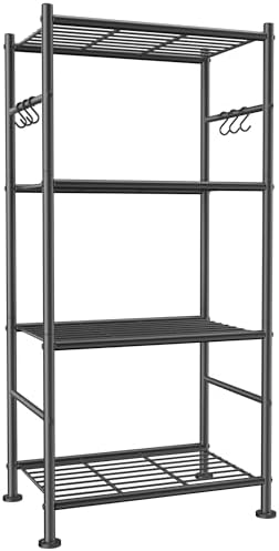 Sakugi Storage Shelves - 4-Tier Large Capacity Shelf Organizer with Hooks, Heavy-Duty Garage Shelving with Leveling Feet, Wobble-Free Rack for Bedroom, Balcony, Garage, 18.1"×12.4"×43.7", Black