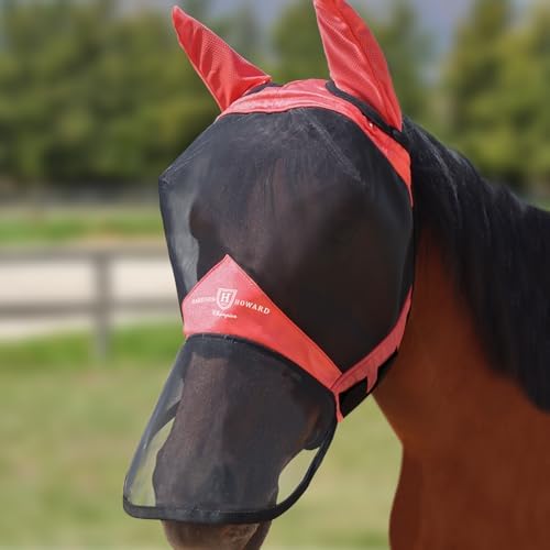 Harrison Howard Pro Luminous Horse Full Face Fly Mask Large Eye Space Long Nose with Ears UV Protection for Horse Coral Orange M