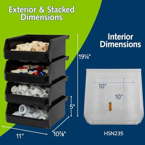 ReadySpace Medium-Wide Stackable Plastic Storage Bins, 4-Pack, Black