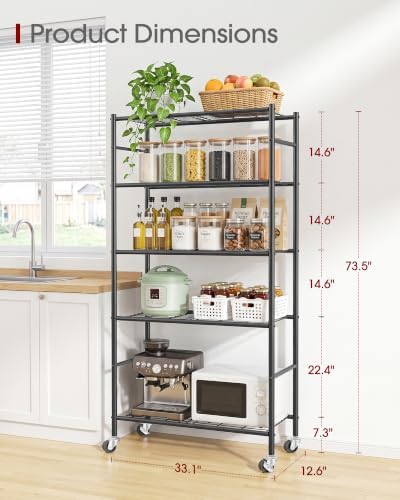 Sakugi 5-Tier Storage Shelves 33.1" x12.6" x73.5" Black with Wheels