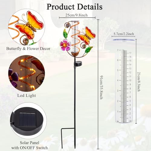Solar Rain Gauge Outdoor, Butterfly Rain Gauges for Yard