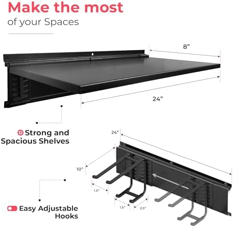 TIDYME Garage Tool Organizer Wall Mount 96", 2 Shelves & 6 Double Hooks