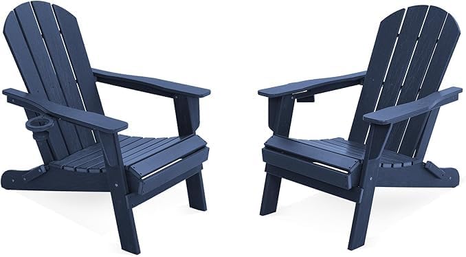 LOUNZY Folding Adirondack Chairs Set of 2, HDPE All-Weather Folding Adirondack Chair with Cup Holders, Outdoor Patio Adirondack Chair for Deck Lawn Fire Pit, Navy