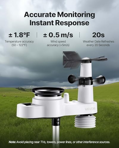 VEVOR 5-in-1 Wireless Weather Station, 7.5-Inch VA Display, Solar Powered Outdoor Sensor, Rain Gauge, Indoor Outdoor for Weather Forecast, Temperature, Humidity, Wind Speed and Direction (No WiFi)