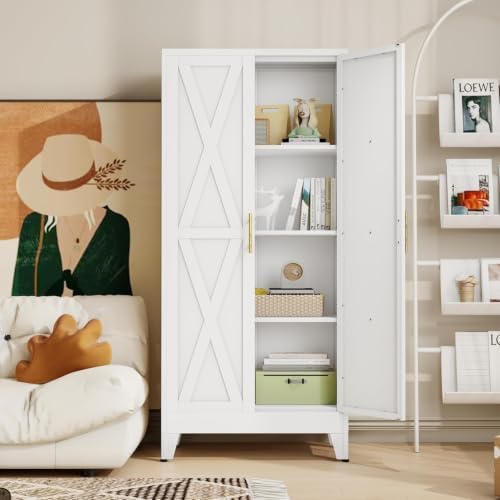 61" Metal Kitchen Pantry Storage Cabinet with 2 Doors and 3 Adjustable Shelves,White Farmhouse Pantry Cabinet,Steel Garage Tool Cabinet Freestanding Cupboard for Kitchen,Dinning Living Room