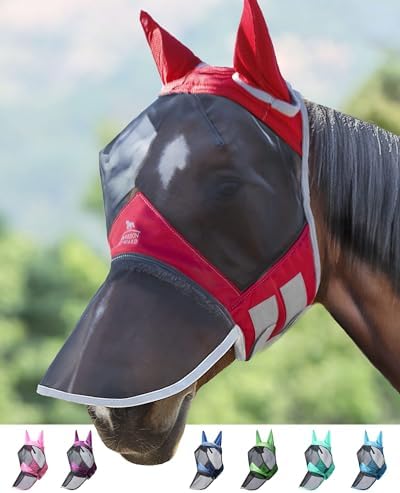 Harrison Howard CareMaster Pro Luminous Horse Fly Mask Large Eye Space Long Nose with Ears UV Protection for Horse Red XL Extra Full