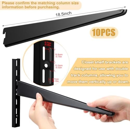Yalikop 10 Pack Adjustable Shelf Brackets for Double Track System Closet Organization Heavy Duty Wire Shelf Brackets (Black,18.5 Inches)