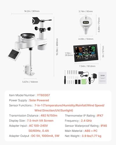 VEVOR 7-in-1 Wi-Fi Weather Station with APP, 7.5 in Display, Wireless Solar Powered Outdoor Sensor, with Pool Thermometer, Rain Gauge, Indoor Outdoor for Weather Forecast, Wind Speed, Pool Temperature