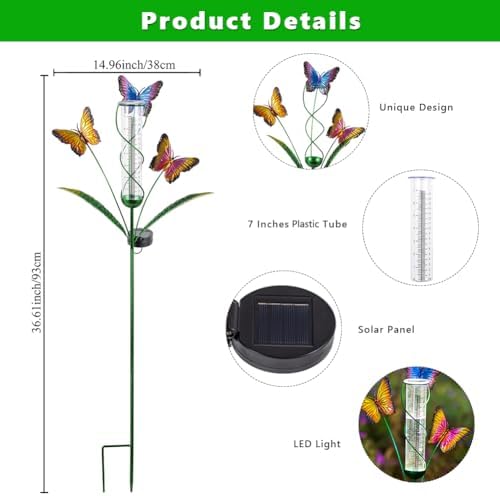 Solar Rain Gauge with 7-Inch Plastic Tube, Butterfly Decor