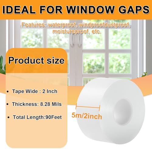 Qoqooice Window Weather Sealing Tape 2 Inch x 90 FT Weather Stripping Residue-Free Window Seal Insulation Tape for Doors Windows and Shower Glass Gaps White