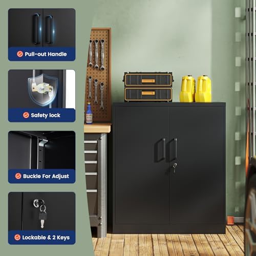 Yizosh Metal Garage Storage Cabinet with 2 Doors and 2 Adjustable Shelves - 35.5" Steel Lockable File Counter Cabinet for Home Office,Garage,Gym,School（Black） (Pack of 2)