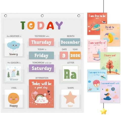 Daily Morning Board,Circle Time Calendar,Classroom Supplies, Interactive Learning Chart for Preschool & Kindergarten, Includes Weather, Feelings, and Affirmations Board