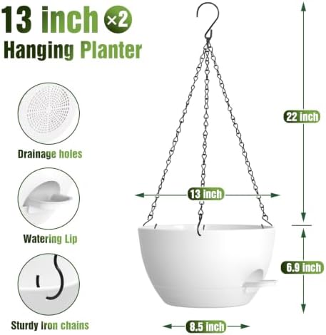 13 Inch Large Self Watering Hanging Planters 2 Pack with Saucers