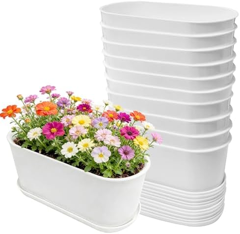 10-Pack White Herb Planter Box with Drip Trays, 8.5 Inch Small Oval Window Planters for Kitchen Sill, Indoor Outdoor, Perfect for Basil, Mint, Succulents, Flowers