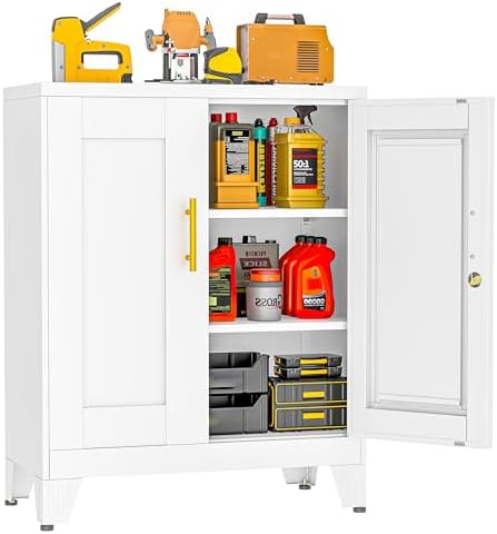Small Metal Storage Cabinet, Lockable Tool Cabinet with Doors and 2 Shelves