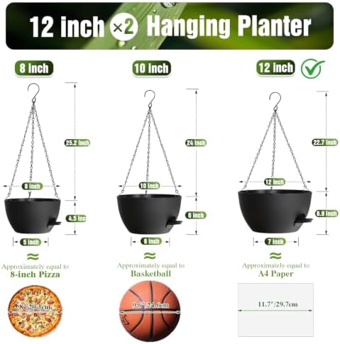 12 Inch Large Self Watering Hanging Planters 2 Pack with Saucers