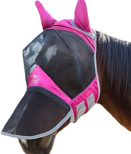 Harrison Howard CareMaster Pro Luminous Horse Fly Mask Large Eye Space Long Nose with Ears UV Protection for Horse Flamingo XL Extra Full