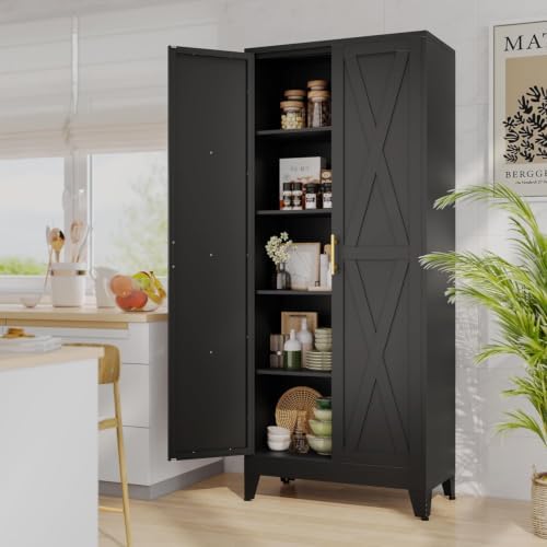 71" Metal Kitchen Pantry Storage Cabinet with 2 Doors and 4 Adjustable Shelves,Black Farmhouse Pantry Cabinet,Steel Garage Tool Cabinet Freestanding Cupboard for Kitchen,Dinning Living Room