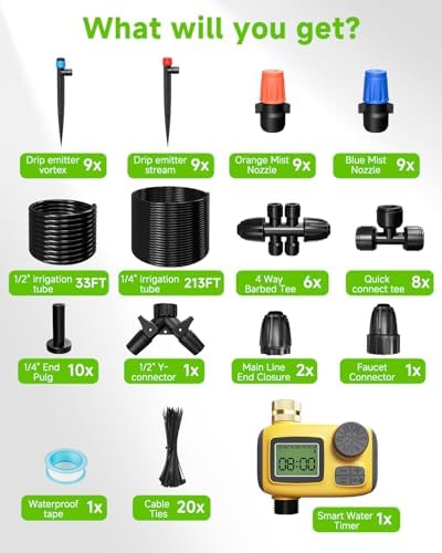 246FT Drip Irrigation System with LCD Timer, Automatic Watering System Kits,1/2 Inch Hose 1/4 Inch Distribution Tubing 3 Sprayer Types, for Garden, Greenhouse, Garden, Lawn