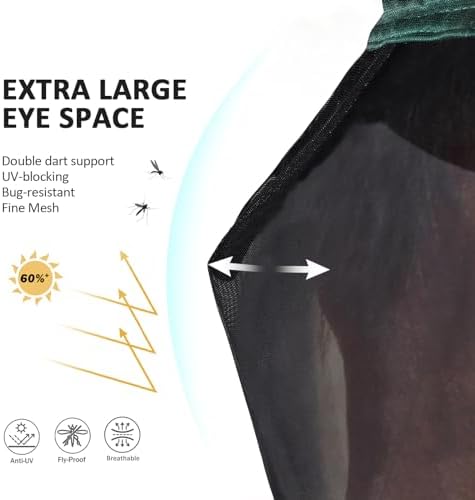 Harrison Howard Pro Luminous Horse Full Face Fly Mask Large Eye Space Long Nose with Ears UV Protection for Horse Hunter Green L