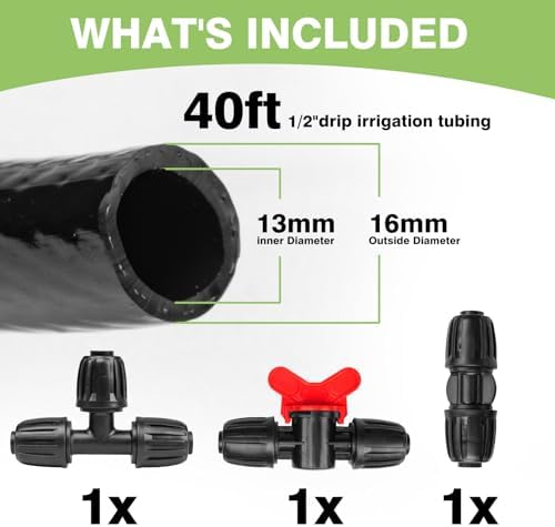 Maotong 40 FT 1/2 inch Drip Irrigation Irrigation kit Main Line Supply Hose Tube for Garden Irrigation System (Includes 1/2"" Straight Connector, 3-Way Connector, Switch Valve), Black