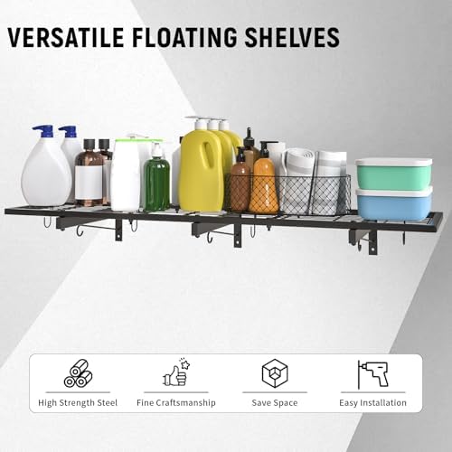 Garage Wall Shelves, 46"X12.5" Garage Shelving Wall Mounted, Heavy Duty Shelf Storage Rack with 4 Hooks, Black Organizer Floating Metal Shelf 160 LBS Capacity for Office, Basement, Laundry Room