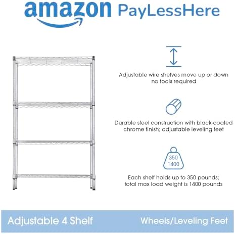 PayLessHere | 4-Tier Wire Shelf | 36"x14"x62" | Chrome | Adjustable Racks | Heavy-Duty Storage Shelves, Holds Upto 1400 lbs | Rust-Resistant, No-Tool Assembly | for Home, Garage Shelving