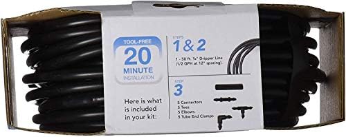 Raindrip R280DT Drip-A-Long1/4 in. Dripline Kit includes 50 feet of 1/4-Inch Dripline preassembled with 1/2 GPH drippers, 5 Barbed Tees, 5 Barbed Elbows, 5 Barbed Couplings, 5 End Plugs