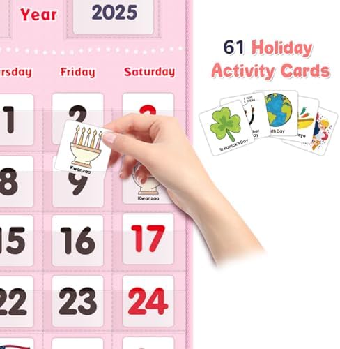 Interactive Calendar for Kids - Learning Calendar Wall Chart with Daily Weather, Seasons for Toddlers Preschool - Homeschool Classroom Must Haves Supplies for Circle Time Morning Board (Pink)