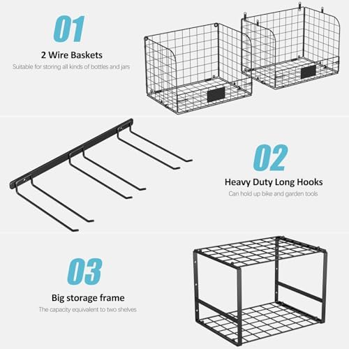 ThreeHio Garage Shelf Wall Mounted with Wire Baskets, Heavy Duty Garage Wall Shelving with Garden Tool Rack and Hooks, Wire Shelf Baskets Tool Organizer for Home Garden Yard Organization and Storage